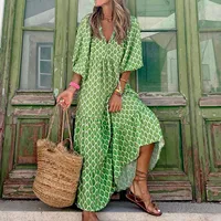 Puff Sleeve Boho Maxi Dress Elegant Women Summer 2022 Casual Floral Drawstring V-Neck Loose Holiday Beach Dresses Party Vestidos