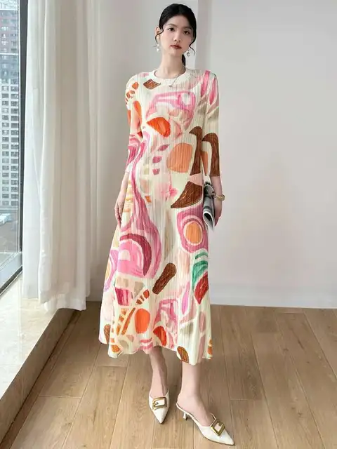 LANMREM Pleated Elegant Printed Women's Dress Round Neck Casual Versatile Long Dresses Female Fashion 2025 Spring Summer 2DE419
