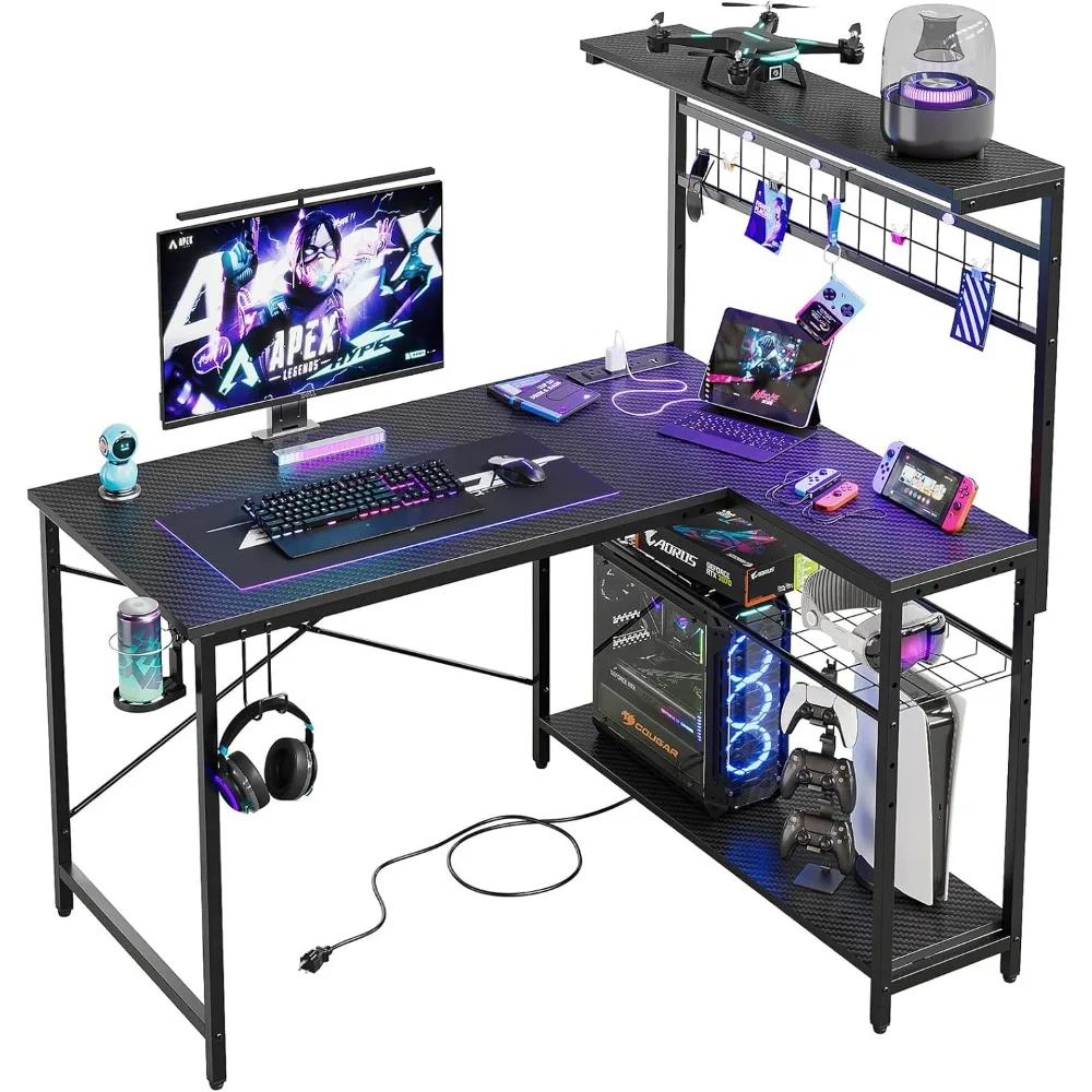 42 L Gaming Desk,Computer Desk with Power Outlets, LED Lights, Reversible Corner Desk with 4-Tier Shelves,Cup Holder 3