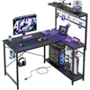 42 L Gaming Desk,Computer Desk with Power Outlets, LED Lights, Reversible Corner Desk with 4-Tier Shelves,Cup Holder 3