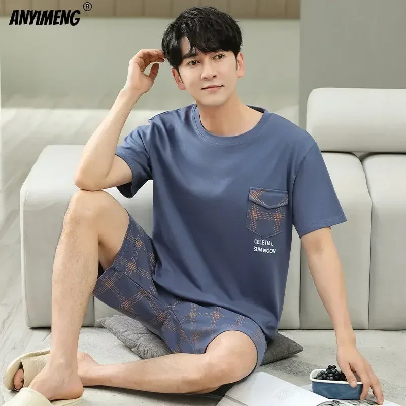 Pajama Sets Big Size L-5XL Elegant Mens Sleepwear Summer Cotton Short Sleeves Pajamas Set Casual Loungewear for Man Pullover Leisure Pijamas