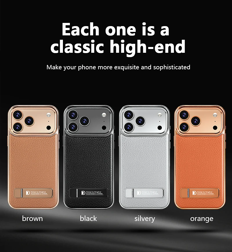 Luxurious Genuine Leather Electroplated Phone Case with Metal Bracket Kickstand and Magsafe Compatibility