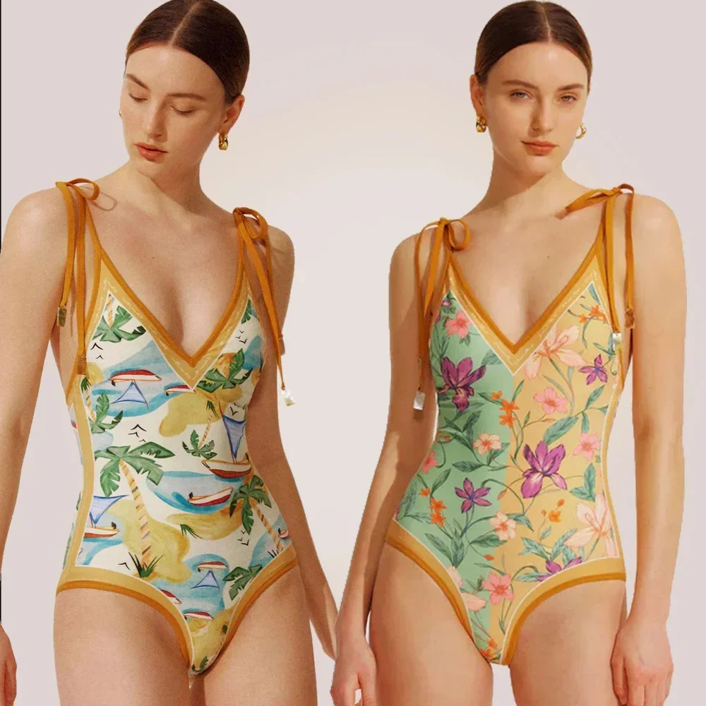 Vintage Printed Double-sided Wear Swimming Bathing Suit Women Bandage Sexy One Piece Swimsuit Beachwear Swimwear, swimsuit one piece