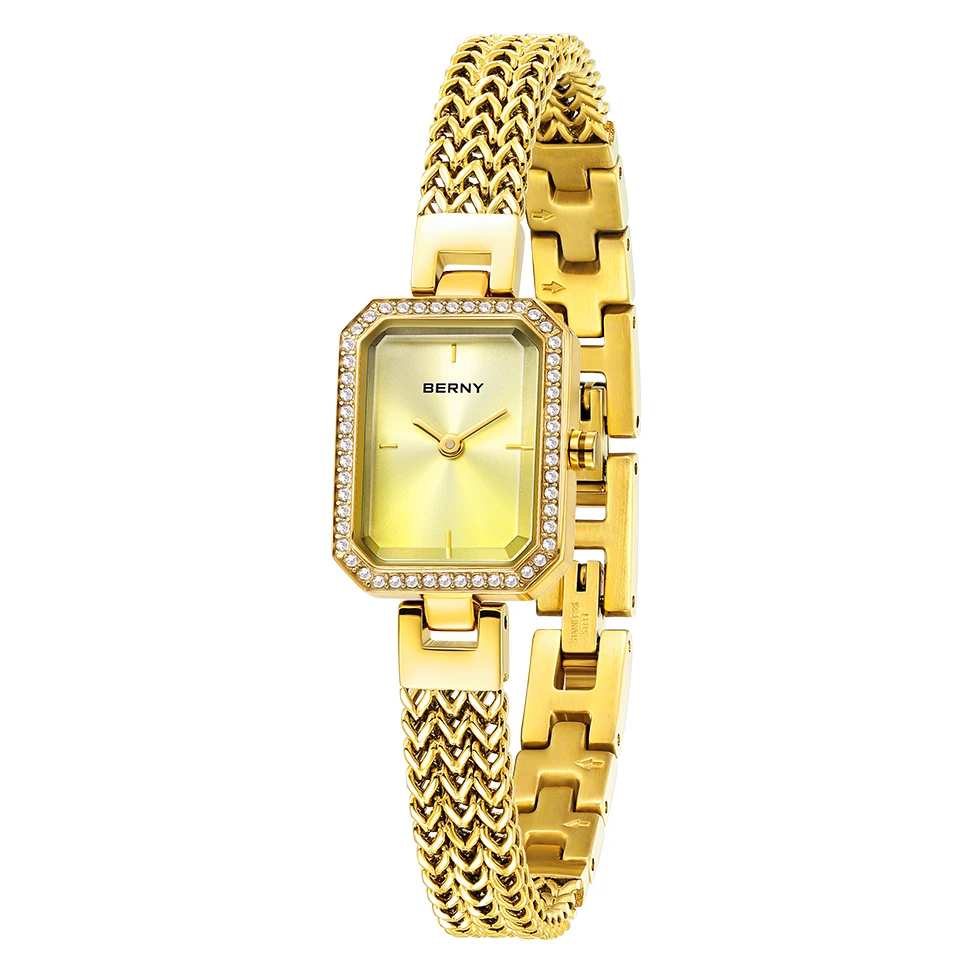 

BERNY Women Watch Gold Small Rectangle Watches Minimalist with Dazzling Diamonds Party Gifts Daily Decoration Quartz Wristwatch