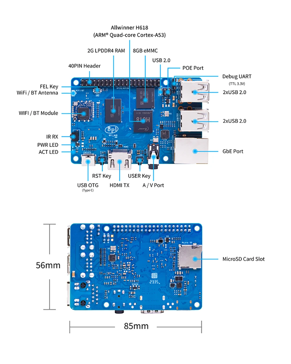 Banana Pi BPI-M4 Berry Allwinner H618 ARM Development board 2G LPDDR4 RAM 8G eMM