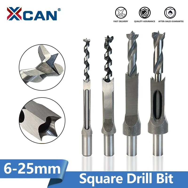 XCAN HSS Square Hole Drill 6.4-25mm Auger Mortising Chisel Drill Set Wood Drilling Tools DIY Furniture Square Woodworking Drill krachtige 6 7 pcs square hole saw drill bits woodworking wood mortising chisel set high speed steel square hole saw drill bits