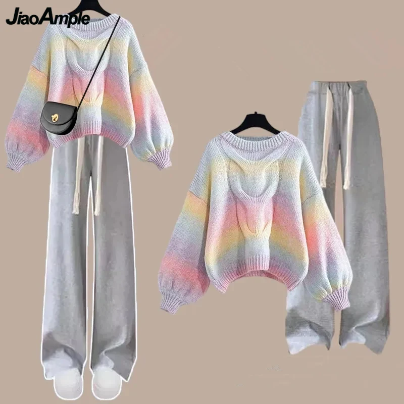 2023 Autumn Women Clothing Fashion Rainbow Sweater Jumpers Wide Leg Pants 1 or Two Piece Set Lady O-Neck Knit Tops Trousers Suit zipper 3 piece spring autumn women cardigan tracksuits fashion knitted jumpers trousers pant set ladies casual tank top suit