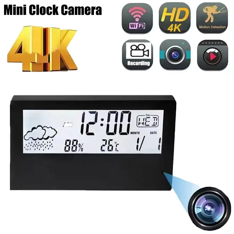 4K HD Electronic LED Clock Camera Smart Digital Mini Wi-Fi Camcorder Home Temperature Humidity Weather Display Video Recorder