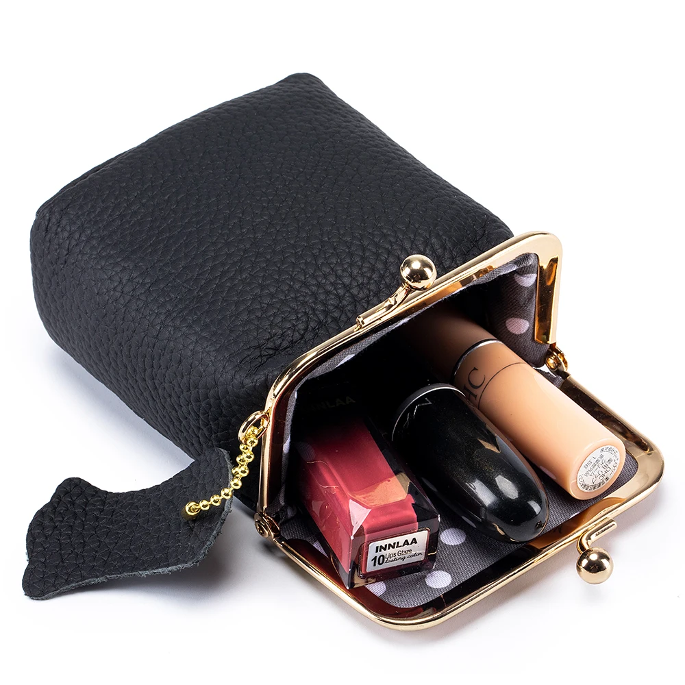 Elegant Women's Real Leather Cosmetic Bag with Golden Hasp - Compact Makeup and Coin Pouch