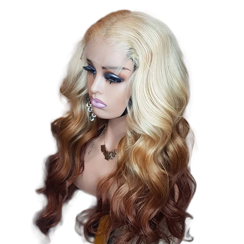 

Ombre Blonde Syntehtic Brown Colored 30 Inch Loose Wave 13x4 Lace Front Heat Resistant Cosplay Wigs For Women With Baby Hair