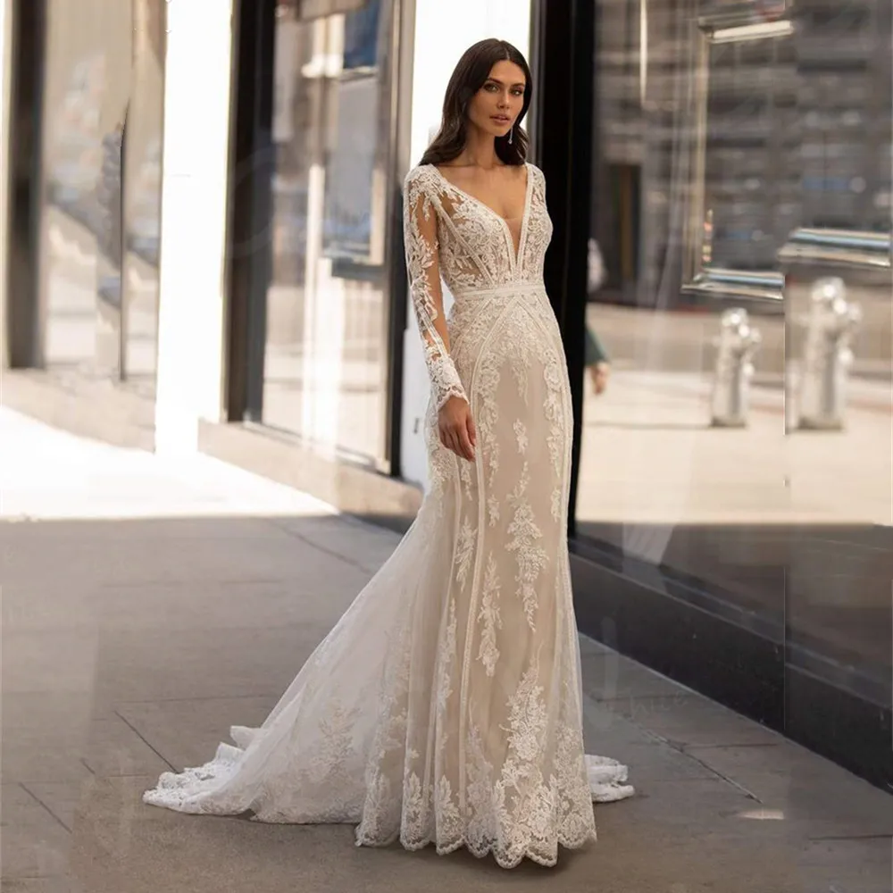 Boho Lace Mermaid Wedding Dresses Long Sleeve V-Neck Illusion Back Bridal  Gowns | eBay