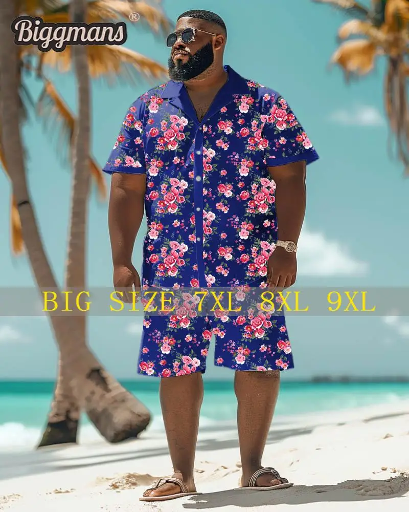 Biggmans Shirt Plus Size Set L-9Xl for Summer Oversize Hawaii Suit  Men's Gradient Coconut Tree Print Large 7XL 8XL