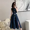 Denim Dress for women | Metal Buttons Sleeveless Lapel Denim Midi Dress