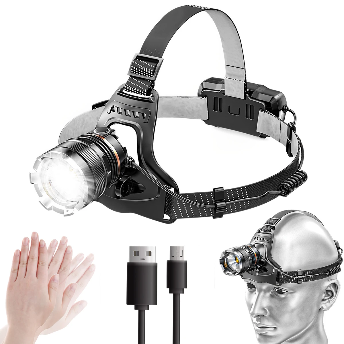 LED Headlamp Sensor Headlight with 18650 Battery Flashlight With USB Charging Rechargeable Head