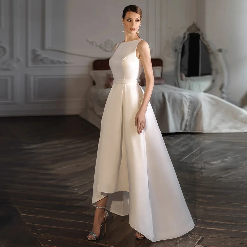 

Classic Square Neck Sleeveless High Low Satin Wedding Dress For Bride Elegant Backless Sweep Train Vestido De Novia