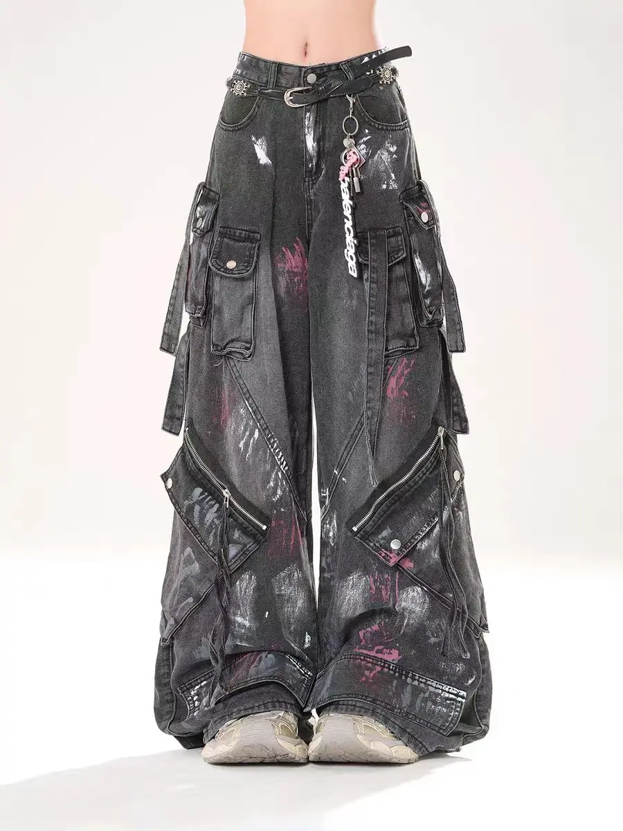 Y2K Harajuku Gothic Multi-Pocket Washed Black Jeans Men And Women 2000s Heavy Industry Drag Pants Street Hip Hop Wide Leg Pants 3