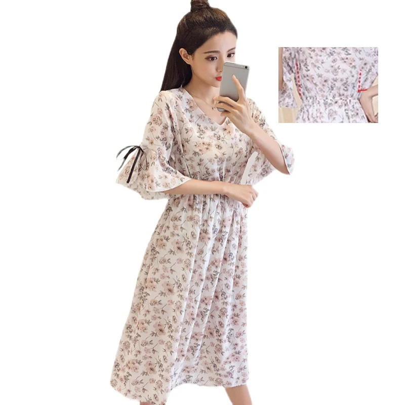 

Maternity Summer Dress Breatfeeding V-neck Chiffon Floral Print Nursing Dresses For Pregnancy Korean Sweet Slim Bow Ruffle Dress