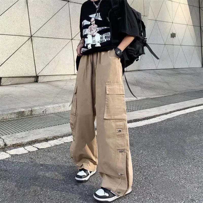 

Spring Summer New Solid Color Fashion Elastic Waist Wide Leg Trousers Man High Street Pockets Patchwork Cotton Straight Pants