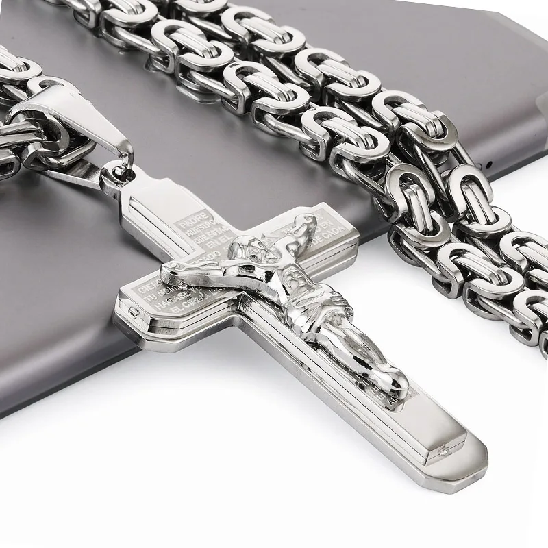 Gothic Bibel Kreuz Kruzifix Jesus Anhänger Halsketten Edelstahl Byzantinische Gliederkette Halsketten für Männer Jungen Gebetsschmuck – Detail 3