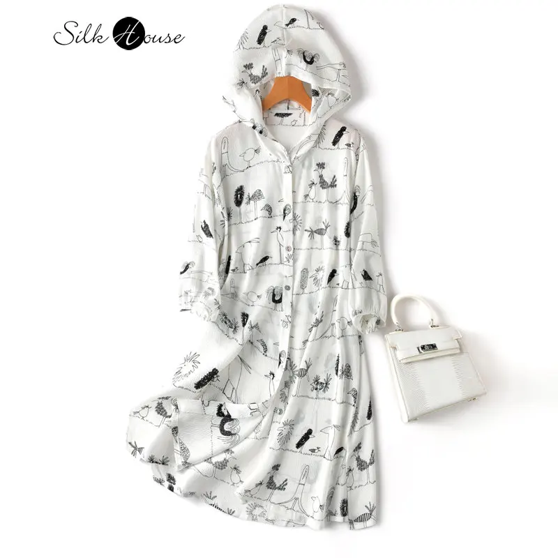 2023 Women's Fashion Summer New Silk Ghost Wrinkle White Hooded Drop Shoulder Sleeve Loose Medium Length Funny Shirt Cardigan