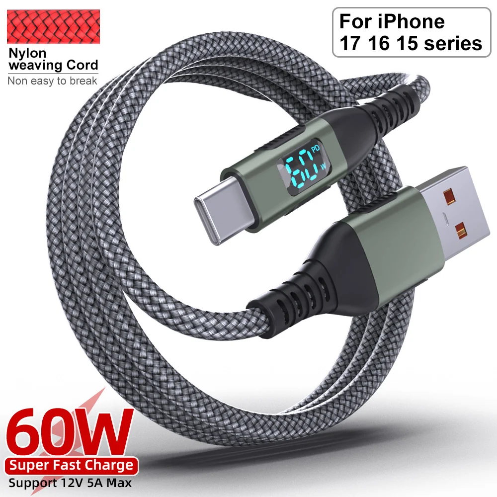 Premium Nylon Braided USB A to Type C Fast Charger Cable with LED Display - 3A Max Charging