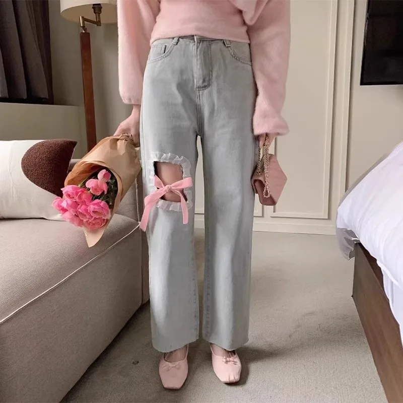 

High Waist Slim Wide Leg Jean Femme Korean Fashion Streetwear Grunge Vintage Clothes Pants Hollow Out Bandage Bowknot Vaqueros