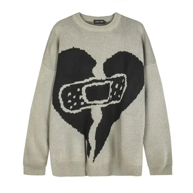 thumbnail image 1 of Suéteres de punto hippies con estampado de corazones para hombre, ropa negra de talla grande, de punto de lana, para primavera y otoño, baratos, 1 of 5