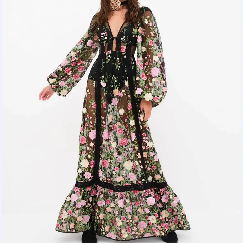 Yiiciovy Women's Sexy Holiday Bikini Cover-Ups Beach Flower Embroidery Dress Long Sleeve Dress See Through Mesh Sheer Dresses