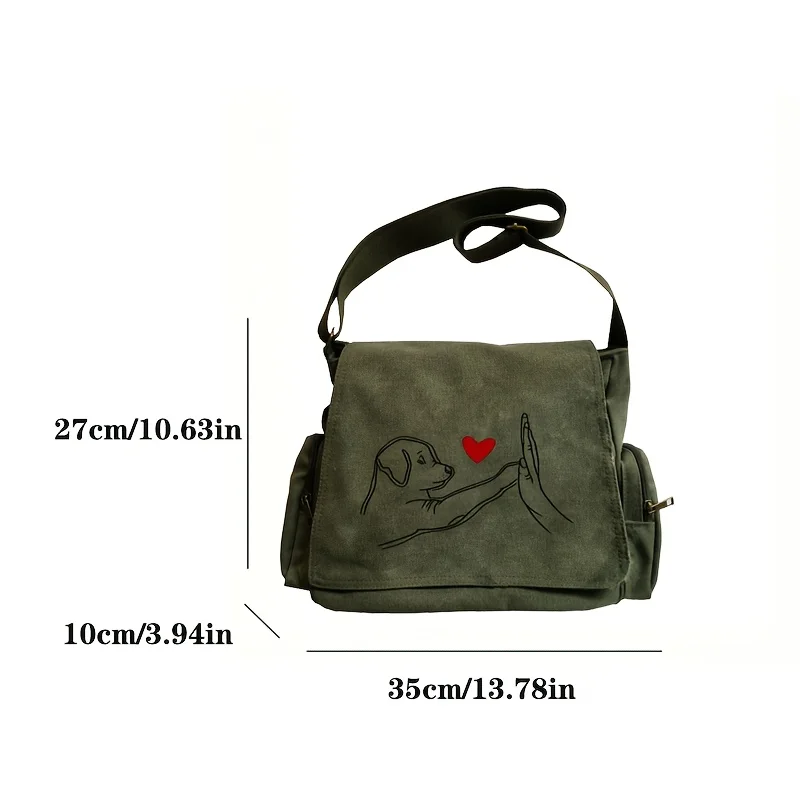 Large Capacity Dog Lover Women's Canvas Shoulder Bag Army Green Vintage Crossbody Bag For Women Laptop Bag