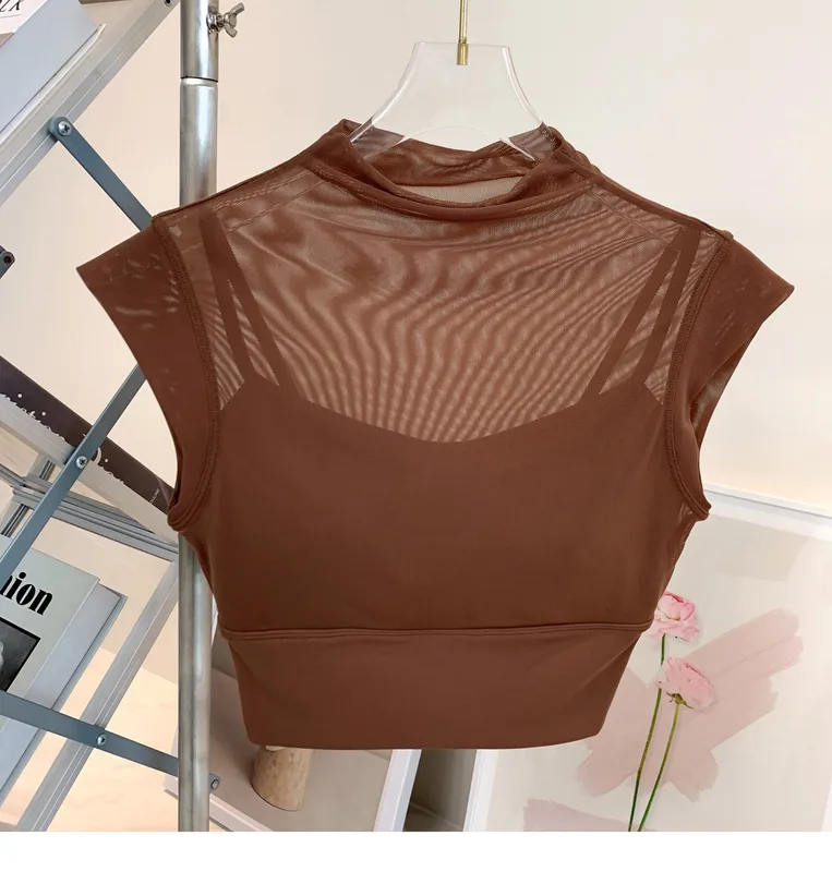 Women's Inner Padded Mesh Yoga Shirt  Neck Sexy Tight and Shockproof Sport T-shirt  Running  Fitness Yoga Top