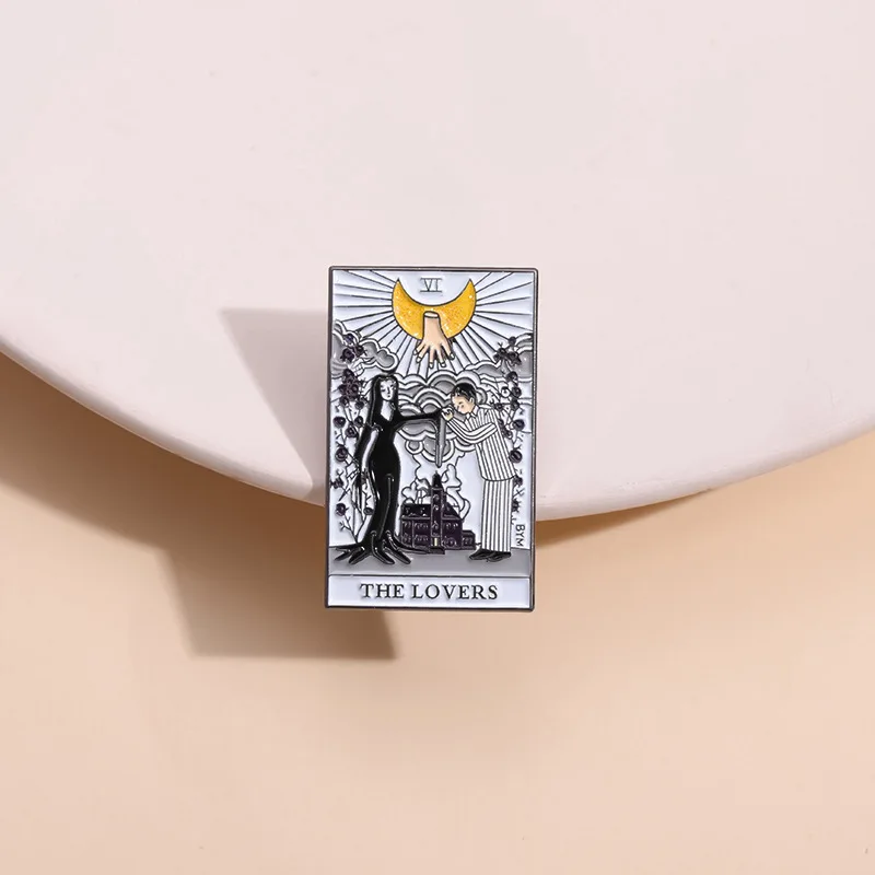 Comedy Tarot Card THE LOVERS Anime Brooches Gomez And Morticia Enamel Badge Pins Jewelry Gift Accessories