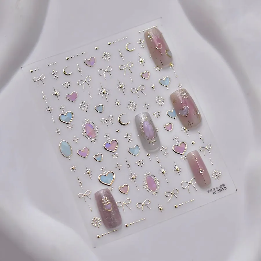 1pcs 5D Shell Light Nail Stickers Shoiny Gold Border Love Heart Bowknot Moon Star Nai Art Decal Manicure Decorations 2