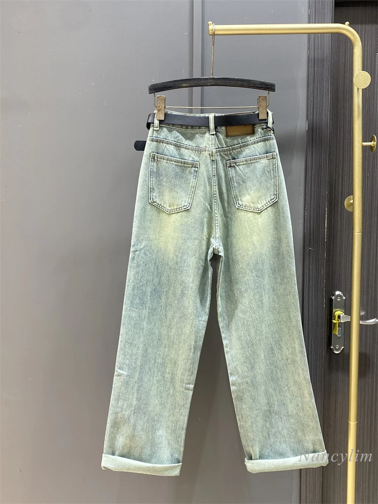 

European Blue Straight Jeans for Women 2024 Spring New Denim Pants High Waist Slimming Daddy Pants Fashion All-Matching Loose