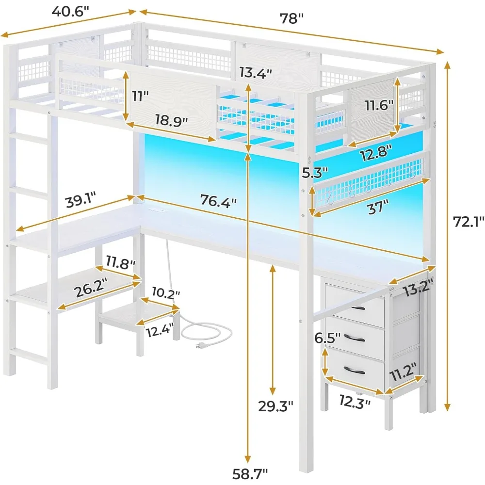 Loft Bed Twin Size with L-Shaped Desk, LED Lights,Charging Station, Twin Metal Loft Bed Frame with Fabric Drawers & Shelve 6