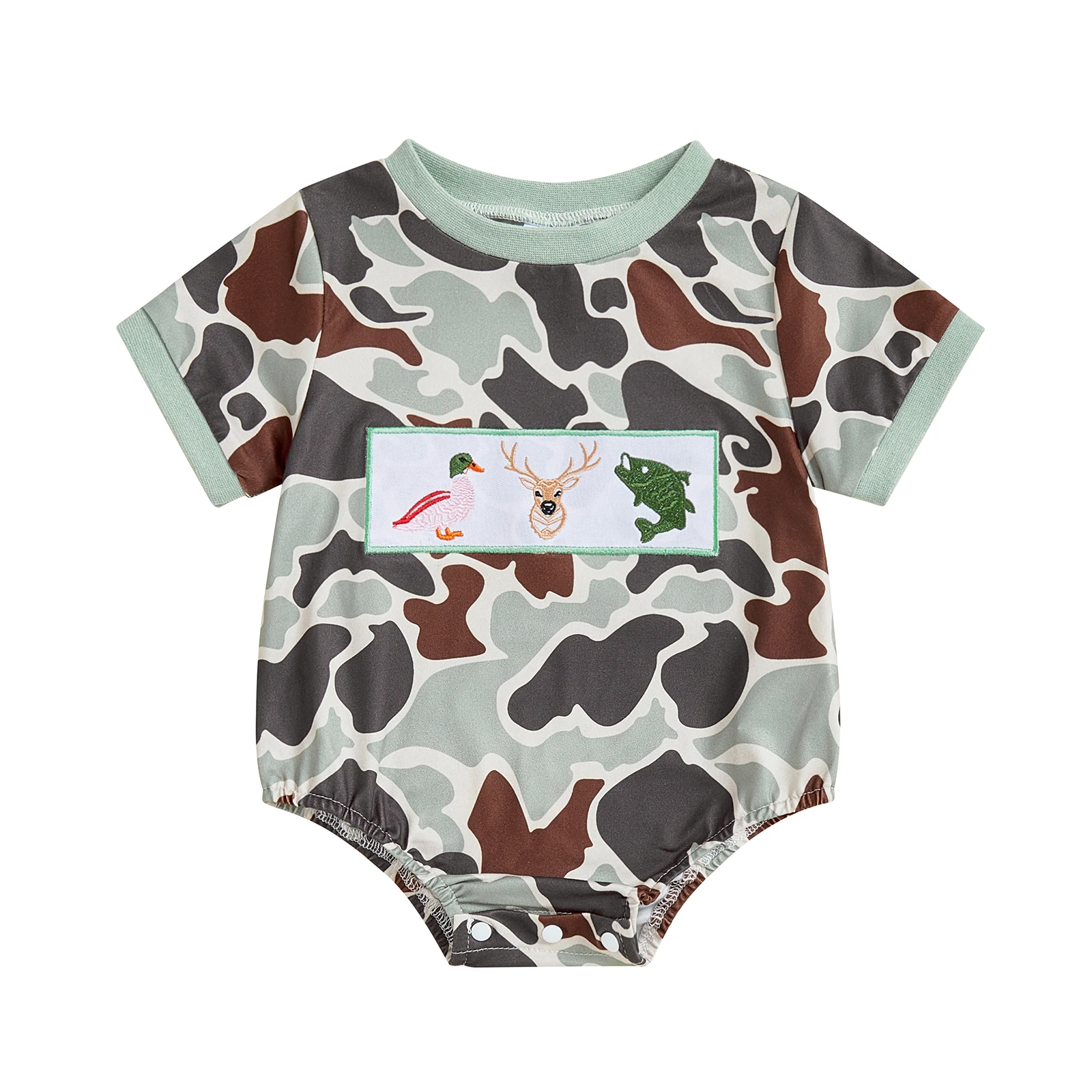 Infant Camo Print Romper with Cute Animal Embroidery Short Sleeves and Round Neckline for Summer Fun Jumpsuits