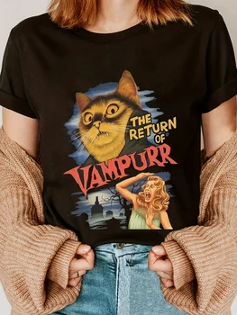 Women's Vintage Cat Print T-Shirt "The Return of Vampire" Retro Design Casual Crew Neck Short Sleeve Women Summer Clothing 1