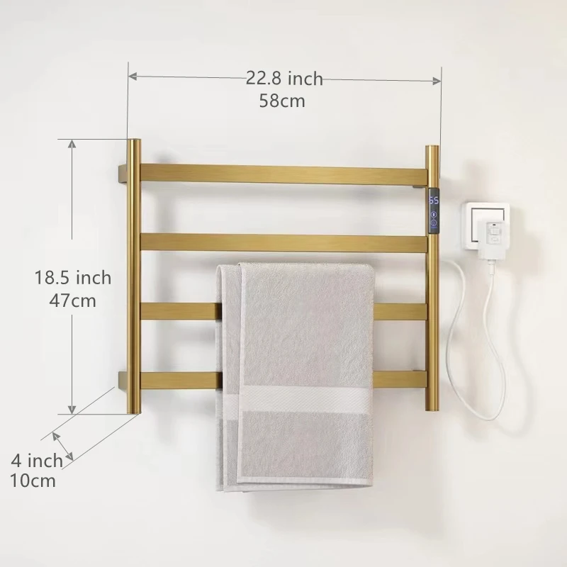 Brushed Gold Electric Towel Rack Stainless Steel Temperature Control Time Smart Home Heated Towel Rack
