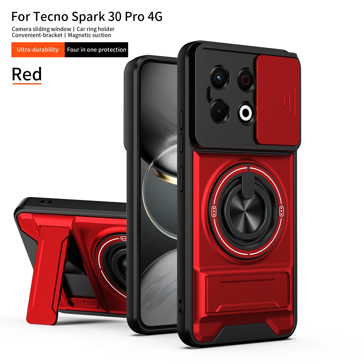 Armor Shockproof Phone Case with Sliding Camera Cap and Built-in Magnet Ring Kickstand, Protective