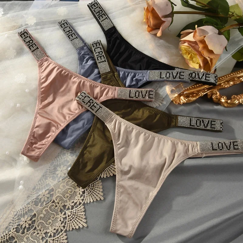 Women Panties Low Waist Sexy Thongs Rhinestones Letter Diamonds G-string Athletic Cosy Shorts Briefs T-back Fitness S-XL