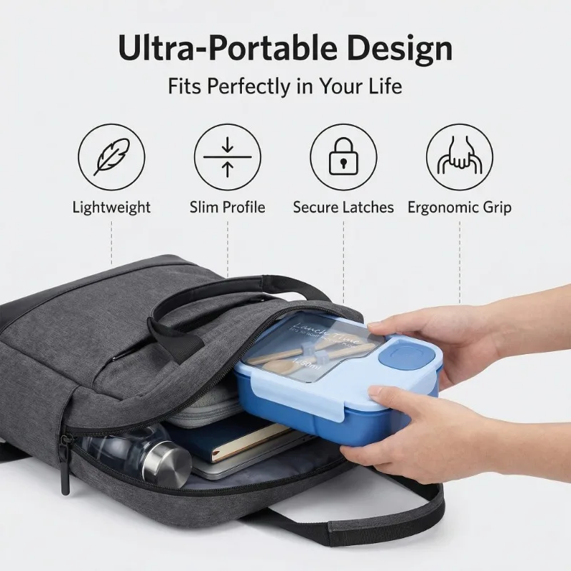Bento Box-Portable lunch box with built-in tableware and sauce box, square meal reserve box for school, office and travel - 6