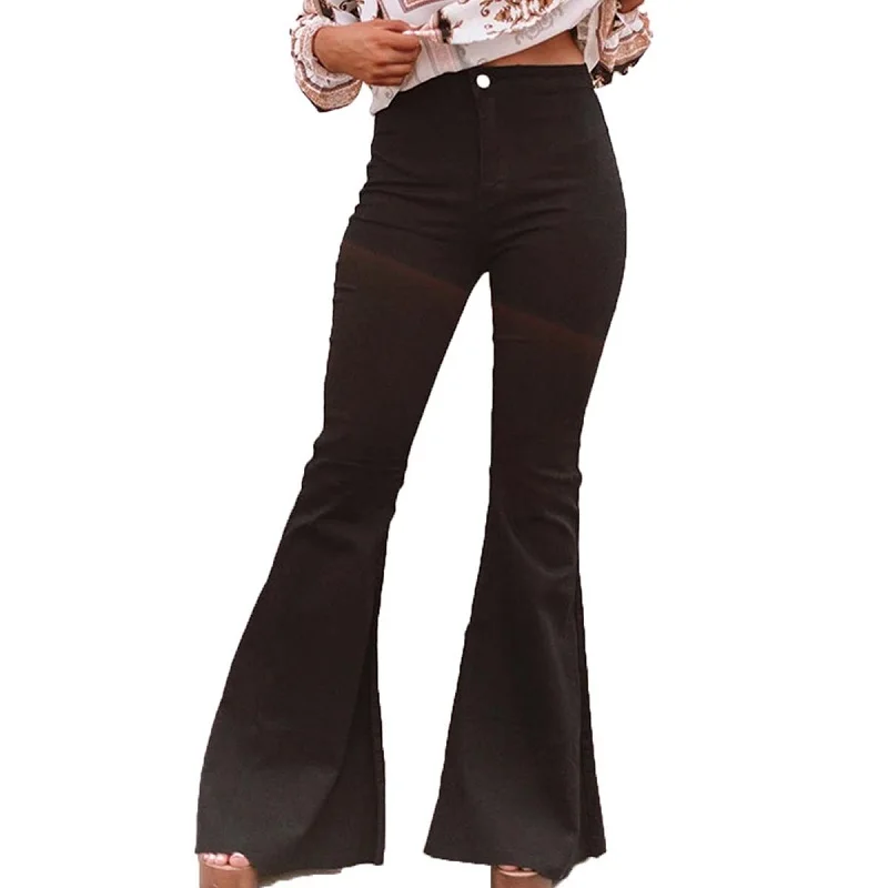 Women Spring Elastic High Waisted Blue Black Jeans Flare Pants Loose Summer Full Length Mom Jeans Pants Vintage Denim Trousers