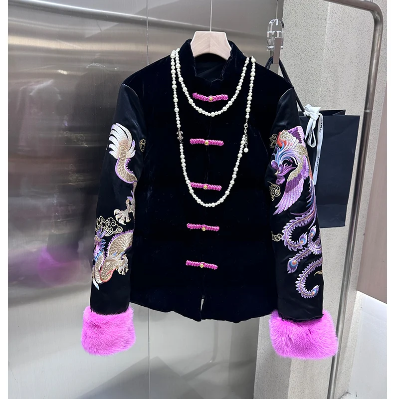 Winter New High End White Goose Down Down Coat Chinese Style Dragon Phoenix Embroidered Silk + Velvet Contrast Cuffs Coat S-XL