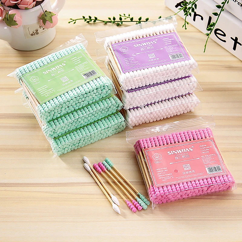 

100 Pcs Multipurpose Double-ended Wooden Stick Sanitary Cotton Swabs Pack Kit Makeup Remover Earwax Pick Health Care Tools