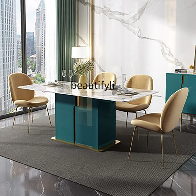 

zqItalian style light luxury high-end imported rock slab dining table designer household small apartment rectangular combination