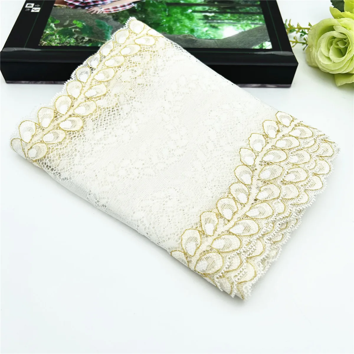 3y/lot Width 19cm Ivory Gold Elastic Stretch Lace Trim For Clothing Accessories Dress Sewing Applique Costume Lace Fabrics 1