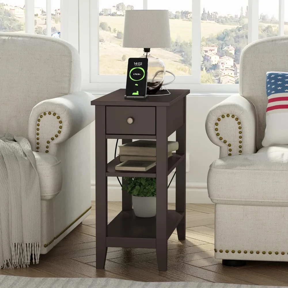 

Nightstand with Charging , with USB Ports & Power Outlets, 3-Tier Skinny Nightstand with 2 Open Storage Shelves For Small Place