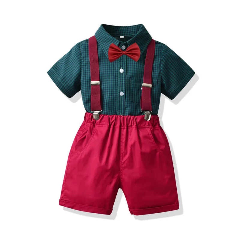 

Boys plaid short-sleeved shirt straps shorts dress four-piece suit small child treasure summer six one performance suit open