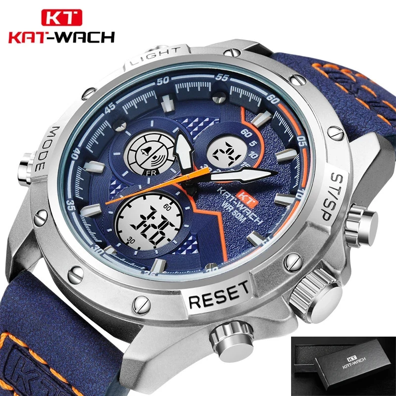2022 KAT-WACH Fashion Chronograph Leather Sport Wristwatches Men Military Date Electronic Timing Men's Watches Relogio Masculino 