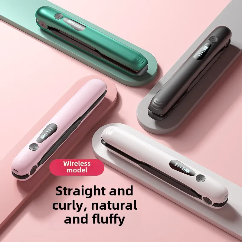 Mini Portable 2-in-1 Wireless Hair Straightener, Hair Curler with Battery LCD Display, Four Stages Temperature Adjustment