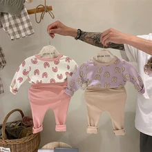 

Newborn Baby Girl Home Clothing Sets Spring New Boy Cute Cartoon Print Top + Solid Plaid Pants Suit Autumn Cotton Kids Clothes